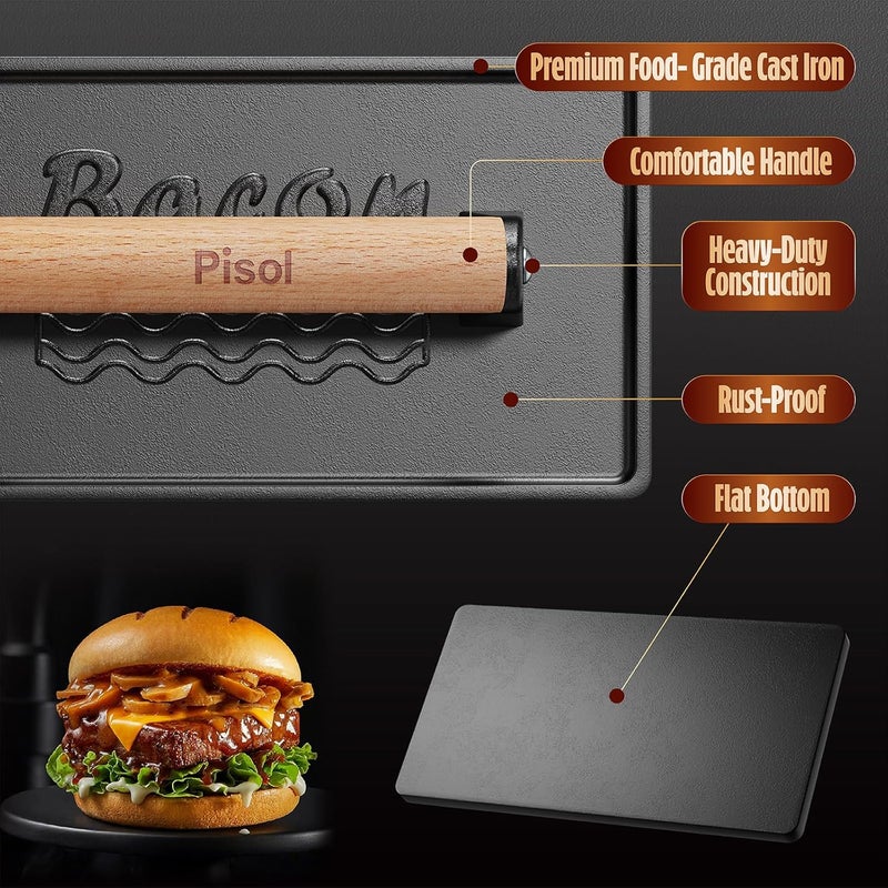 Pisol Bacon Press Smash Burger Press, Pre-Seasoned Cast Iron Hamburger, 2 lb Heavy-Duty Grill Bacon Meat Press Tool with Wood Handle - Image 4